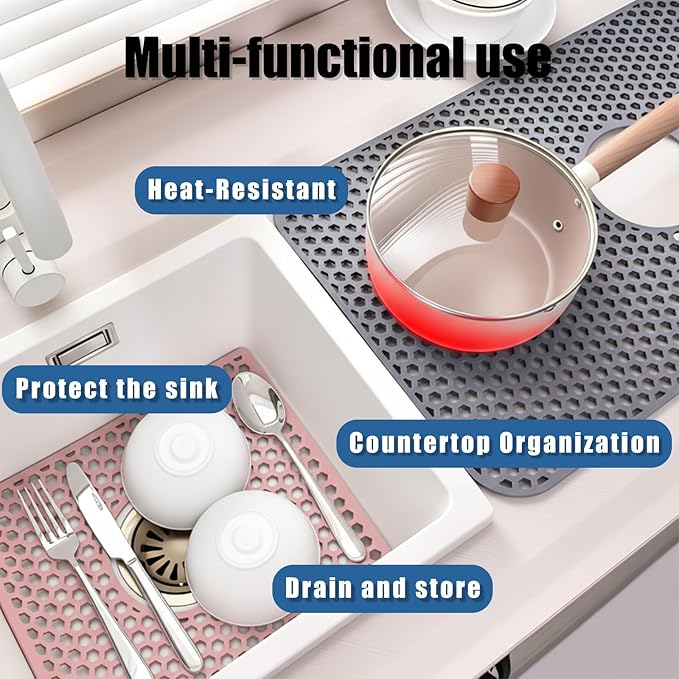 Silicone Sink Protectors for Kitchen - Non-Slip Heat Resistant Grid Mat for Farmhouse Porcelain Stainless Steel, Protects & Cushions Your Sink(Gray 2PCS, 12.4"x10.4" Center Drain)