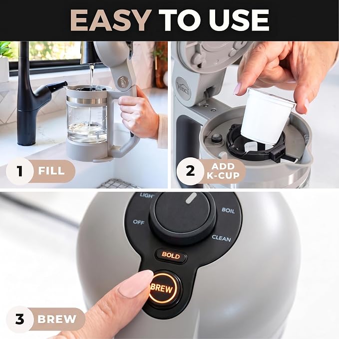 VINCI Micro Café Smallest Single-Serve Glass Coffee Brewer | Compatible with K-Cups, Pods & Ground Coffee | Enclosed & Circle Flow Brewing for Hotter, Richer Flavor | Brews 4oz to 20oz (Gray)