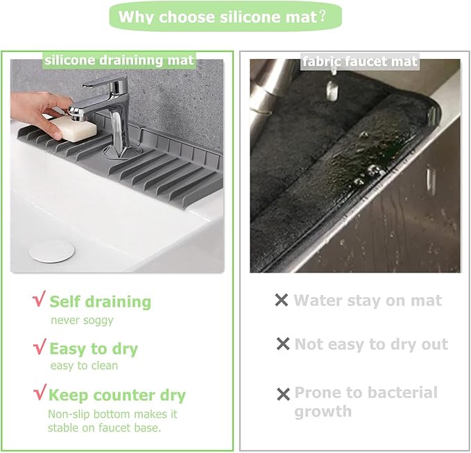 Sink Splash Guard, 2Pack Thickened Silicone Draining Mat for Kitchen Sink, Upgraded 14.5″+ 18″Faucet Mat, Bathroom Sink Mat, Soap Tray, Faucet Handle Drip Catcher Tray, Sink Sponge Holder