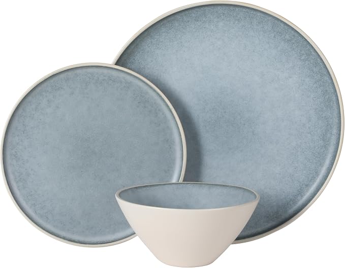 Gibson Elite Coastal Forest Plates and Bowls Sets, 12-Piece Stoneware Dinnerware Sets, Triple Reactive Glaze Dish Set - Blue and Cream White