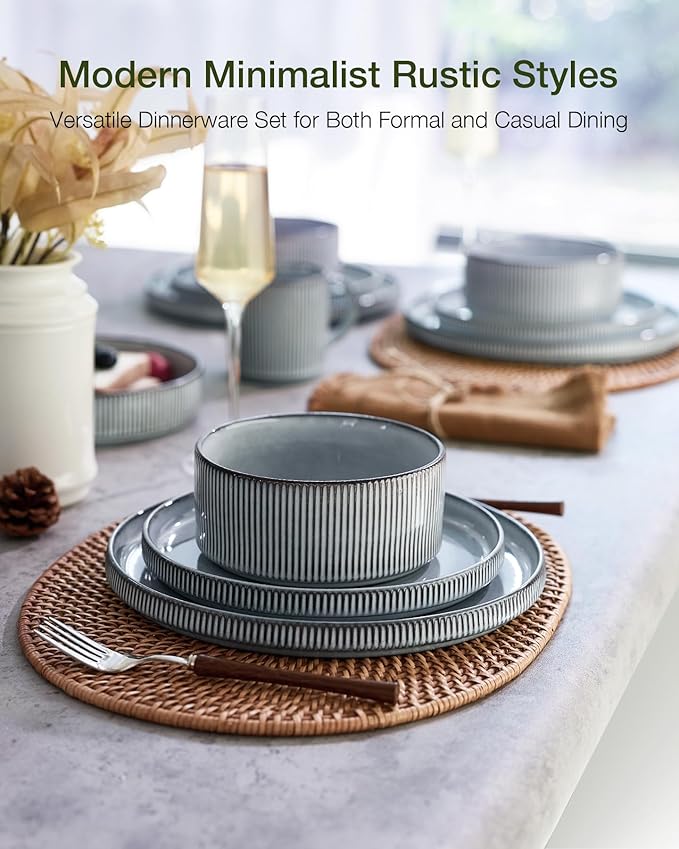 Famiware Star 24-Piece Plates and Bowls Set with Trim, Service for 8 - Stoneware Reactive Glaze Dinnerware, High Edge Ribbed Dishes, Chip & Scratch Resistant, Microwave & Dishwasher Safe, Smoky Blue
