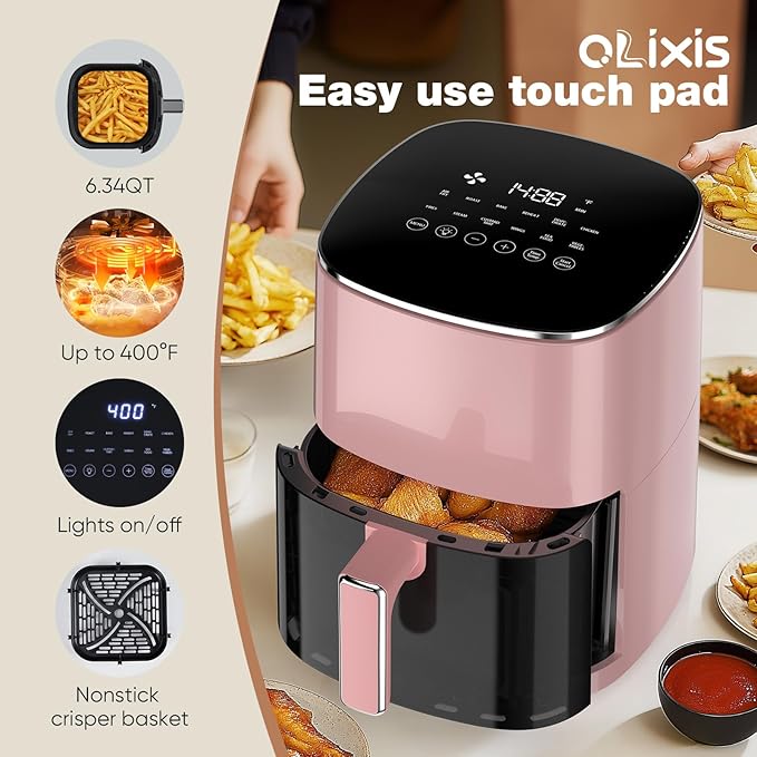 OLIXIS Air Fryer 6 Quart with Window Square Airfryer 12-in-1 Air Frys, Roast, Reheat, Dehydrate, Bake, Steam, Fries, Custard, Chicken, Wings, Sea Food, Vegetabels,400F, White