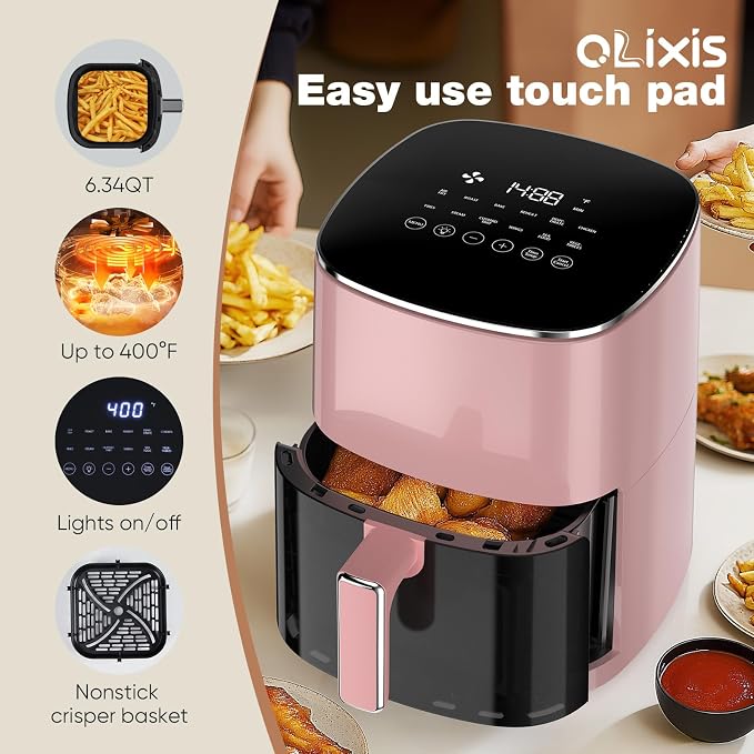 OLIXIS 12-in-1 Air Fryer 6.34 Quarts, Visable Airfryer with Window, 400°F, Roast, Reheat, Dehydrate, Bake, Steam, Fries, Custard, Chicken, Wings, Sea Food, Vegetabels, Fairy Pink