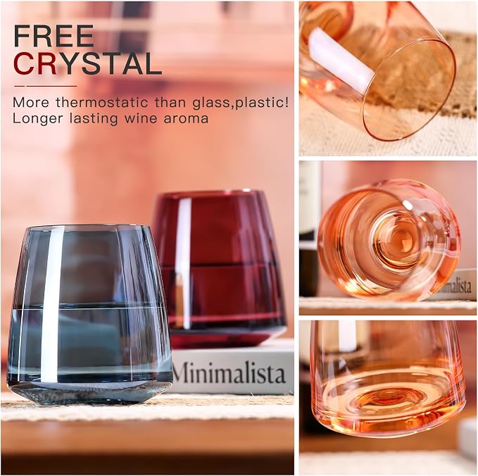 comfit Stemless Colored Wine Glasses Set of 6-15oz Colorful Wine Glasses,Perfect Red Wine Glass Stemware for Wine Lover in Wedding,Engagement Gifts
