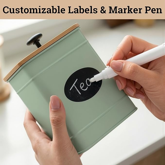 Kitchen Canisters for Countertop Set of 4 w/ Chalkboard Labels & Marker Pen | Airtight Easy Open Bamboo Lids, Dent-Resistant Thick Metal, Customizable Chalkboard Labels, Marker Pen Included, Set of 4