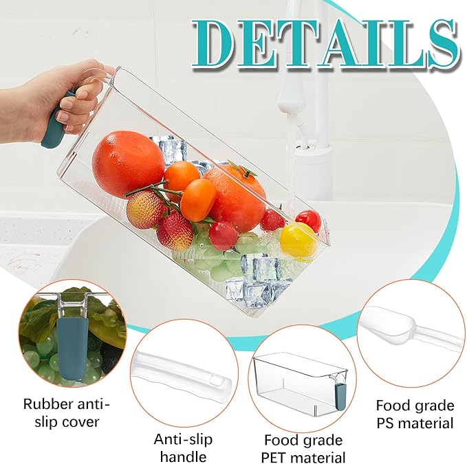 Havawish Ice Bin and Flexible Scoop Set Plastic Freezer Ice Bin with Pull out Handle Storage Bucket Clear for Container with Bucket Scoop(Dark Blue, Clear,10.83 x 4.92 x 4.33 in)