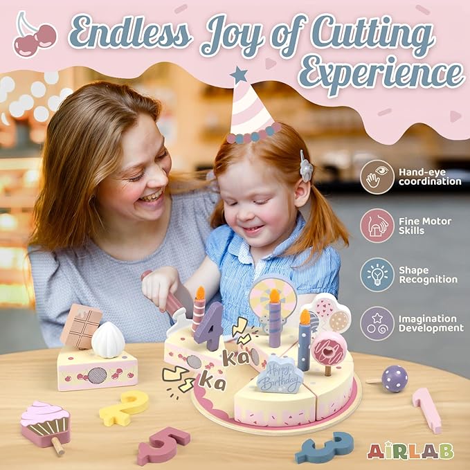 Wooden Birthday Party Cake Play Food Sets for Toddler 3 4 5 Year Old Girls Boys Kids Kitchen Accessories Pretend Play Toy Gift Educational Toys