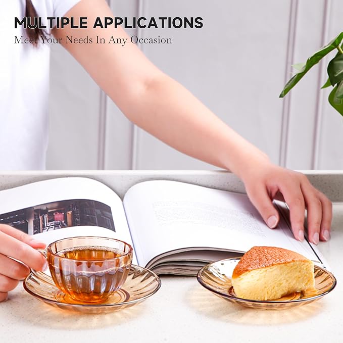 Glass Tea Cups and Saucers Set of 6, Glass Coffee Mugs with Stainless Steel Spoon, Dishwasher & Microwave Safe Teacups for Espresso Cappuccino Latte Tea Juice, 6OZ/180ML, Amber