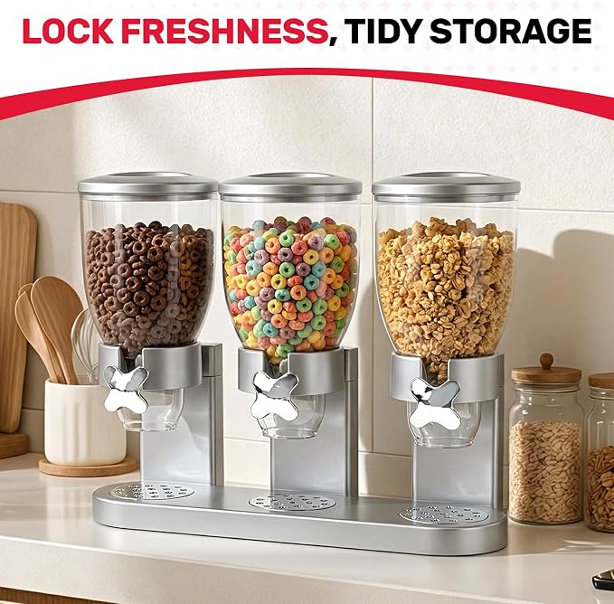 Triple Cereal Dispenser - 3 Pack 2L Large Cereal Containers Storage Airtight, Rotating Plastic Cereal Dispenser for Countertop, Pantry Organizer for Cereal, Rice, Grains, Candy, Coffee Beans