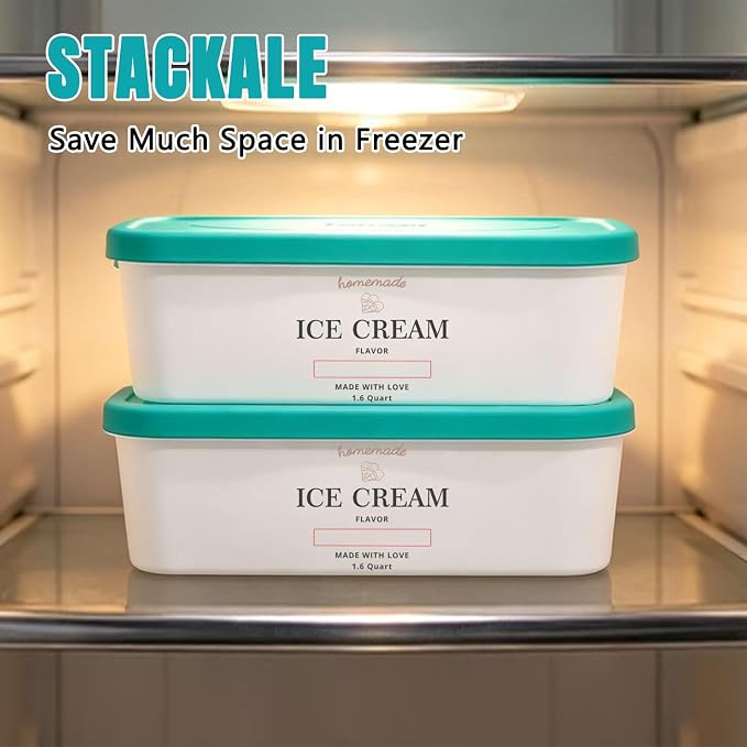 Ice Cream Containers - Silicone Reusable Freezer Storage for Homemade Ice Cream Tub for Sorbet, Frozen Yogurt - Flexible Silicone Lids, Long Scoop, Stackable,2 Pack 1.6 Quart Each