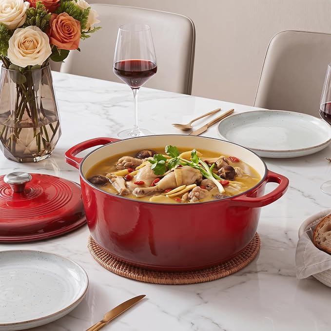 DUMOS Cast Iron Dutch Oven, 6 Quart Pot with Lid, Enameled Heavy Duty Cookware, Oven Safe to 500°F, Perfect for Bread Baking, Braising, Stews and Roasting, Moisture Sealing Lid with Dual Handles, Gradient Red