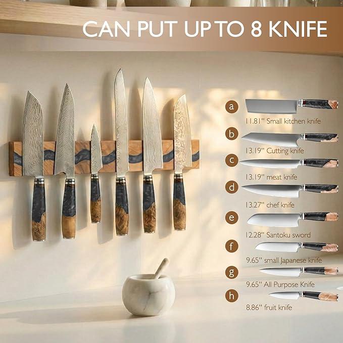 Wooden Magnetic Knife Holder with Black Resin for Wall, Wall Mounted Farmhouse Bar Kitchen Knives Organizer, Untensil Bar Storage and Spice Rack, 16 Inch