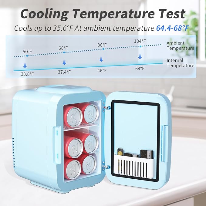 OSTBA Skincare Fridge Mini Fridge for Bedroom with Dimmable LED Mirror, 4Liter/6 Cans Cooler and Warmer for Makeup, Cosmetic, Beauty, Portable Refrigerator for Bedroom, Vanity, Office and Car