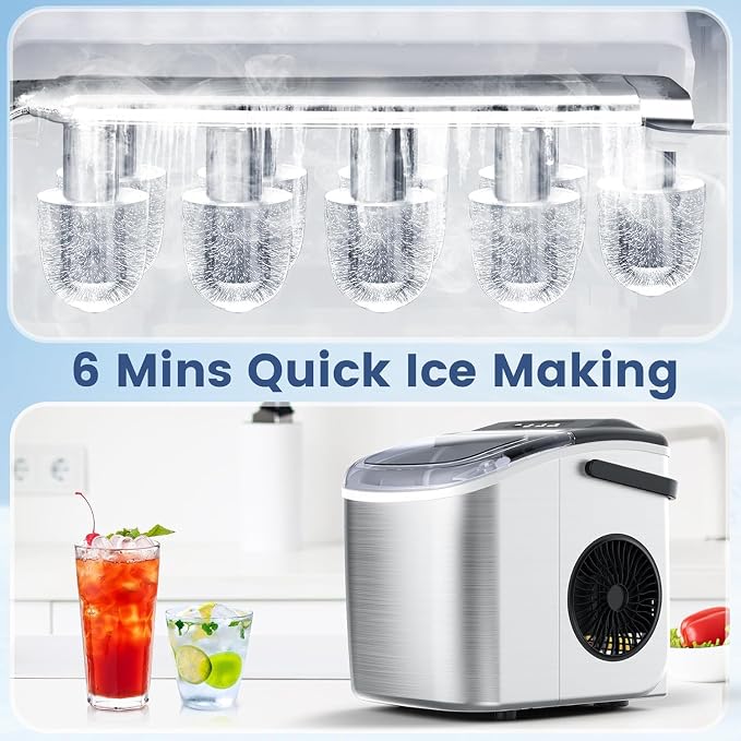 Electactic 9 Cubes Ready in 6-8 Mins Countertop Ice Maker, 26.5Lbs per Day Stainless Steel Portable Ice Maker, Ice Maker Machine with Carry Handle, for Home/Kitchen/Camping/RV (Silver)