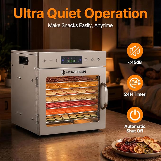 HOPERAN 8 Tray Food Dehydrator Machine for Jerky, Fruit, Herb & Dog Treats | Stainless Steel, Max.196℉ Digital Temperature & Timer Control, 400W, Quiet <48dB, Including 2 Mesh Screens, 1 Fruit Roll Tray