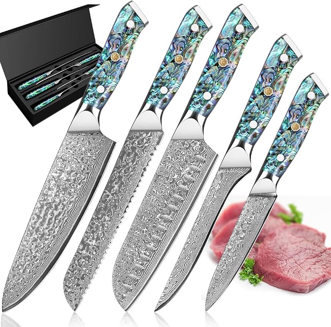 KEENZO Damascus Chef Knife Set 5 pcs, Professional Kitchen Knives Set, Chef's Knife, Santoku,Bread, Paring, Fillet, Utility,Sharp Blade Cooking Knife set, Ergonomic Abalone Shell handle with Gift Box