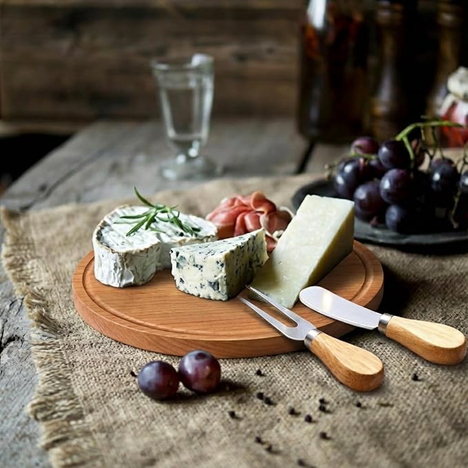 Maxcheck 1 Set Baby Shower Bridal Game Prizes for Winners Round Cheese Board Set Wood Mini Charcuterie Board with Knives and Forks Thank You Card with Gift Box for Guests Wedding (Cherry Wood)