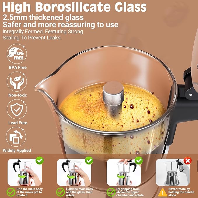 Induction Moka Pot, 9 Cups (15.9 oz) Crystal Glass-Top & Stainless Steel Moka Pot, Classic Stovetop Espresso Maker, Silver