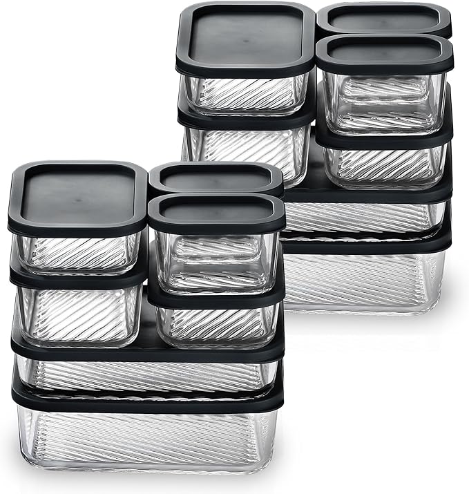 EATEX Grooved Base Glass Meal Prep Containers, 14 Pack Glass Food Storage Containers with Lids for Meal Prep & Lunch, Microwave Oven Freezer Dishwasher Safe, Anti Moisture Non-Stick Design - Black