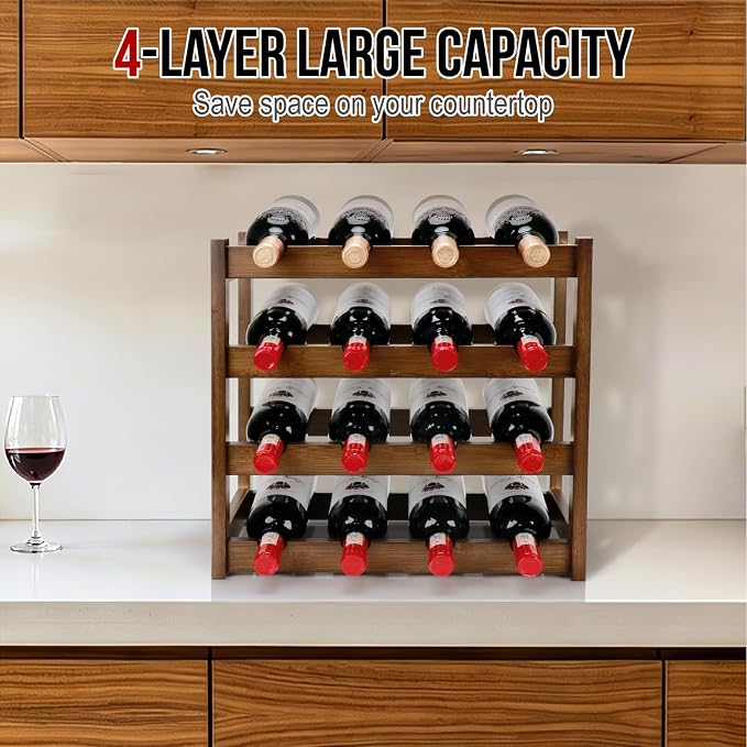 Bamboo Wine Rack, 4-Tier 16 Bottles Wine Storage Cabinet Shelf, Easy-Assembly Freestanding Bamboo Wine Racks Countertop for Kitchen Pantry Dining Room Bar, Walnut