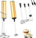 Rechargeable Milk Frother with Stand, Electric Whisks Foam Maker, POWERFUL USB C 2 Speed Handheld Drink Mixer for Coffee, Latte, Cappuccino, Matcha Drinks,Golden