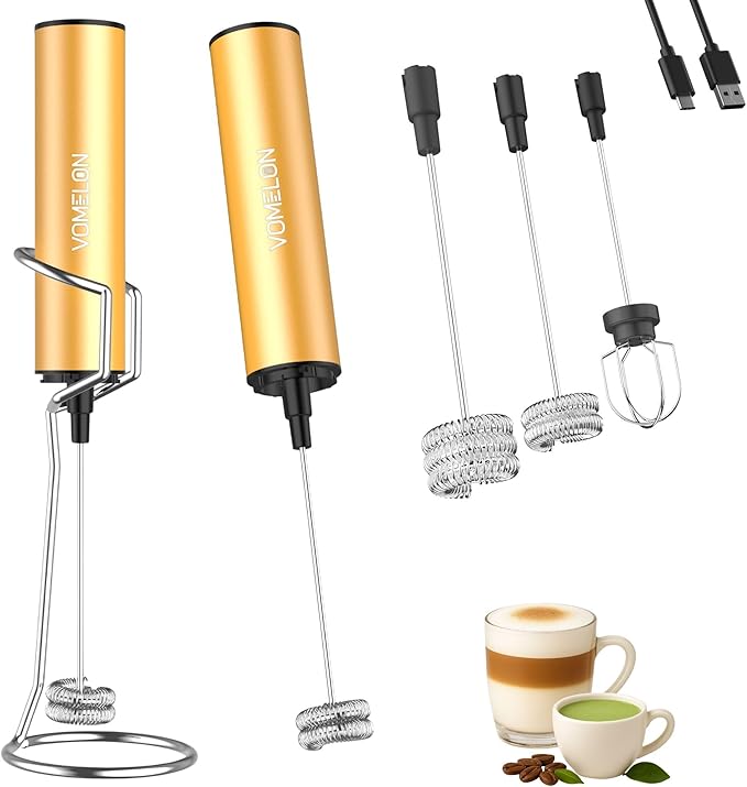 Rechargeable Milk Frother with Stand, Electric Whisks Foam Maker, POWERFUL USB C 2 Speed Handheld Drink Mixer for Coffee, Latte, Cappuccino, Matcha Drinks,Golden