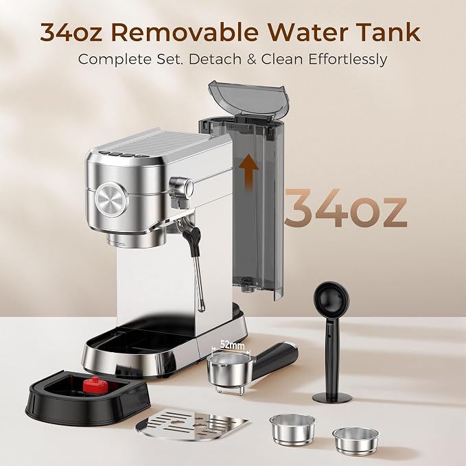 Kndko Espresso Machine, 20 Bar Espresso Coffee Machine with Milk Frother, Compact Stainless Steel Coffee Maker with 34oz Removable Water Tank for Cappuccino, Latte