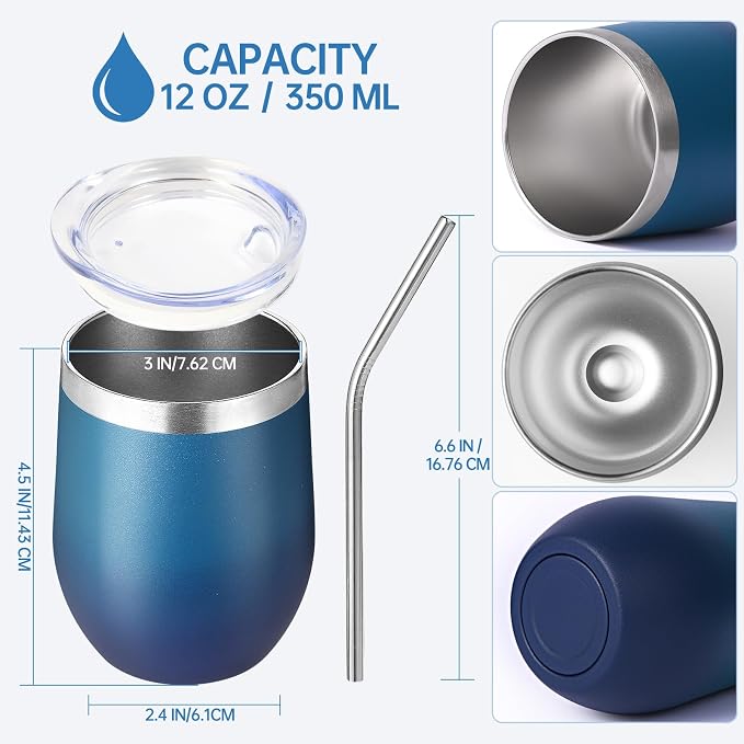Volhoply 12oz Stainless Steel Wine Tumbler with Lid Bulk 12 Pack,Double Wall Vacuum Stemless Wine Glasses,Reusable Metal Travel Coffe Mug with Straw,Insulated Cup Gift for Christmas（Dark Night,12 Set）