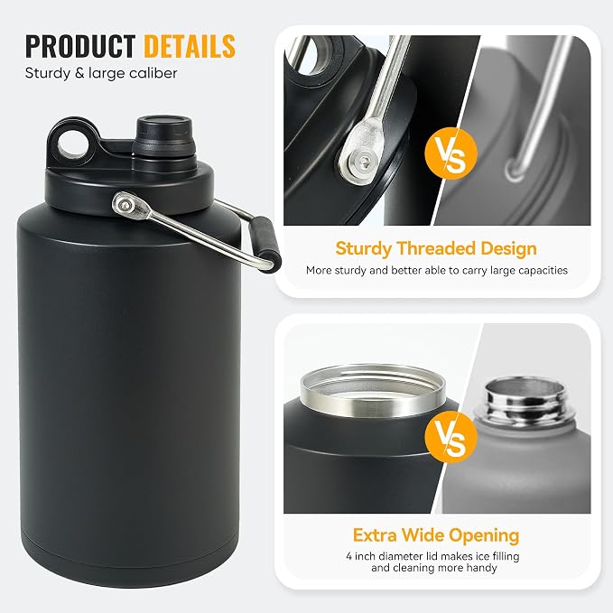 Insulated Gallon Jug with Handle, One Gallon, 128oz Stainless Steel, Large Double Vacuum Water Bottle for Cold Drinks, Wide Mouth, Sweat Proof, Carrier bag, Great for Travel, Camping, Black