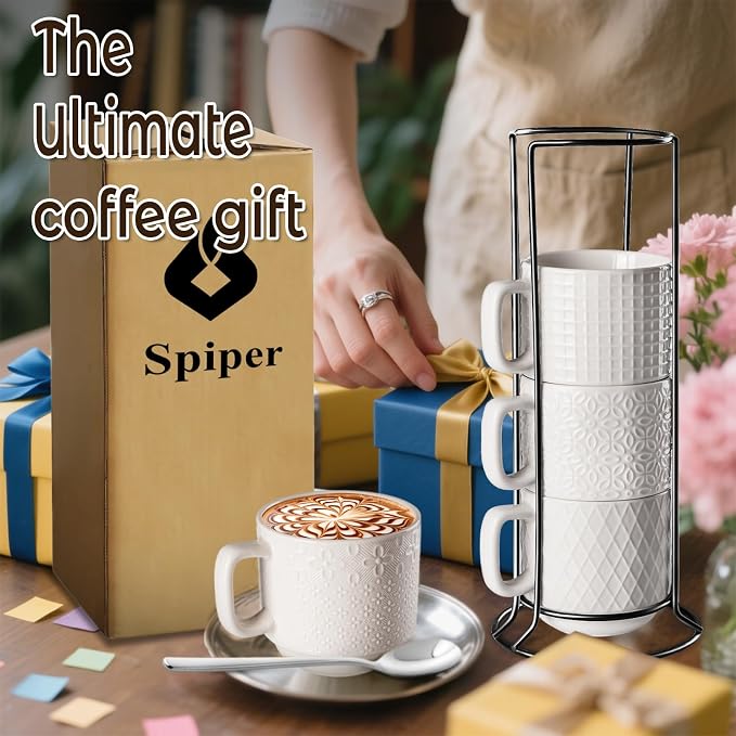 Large Coffee Mug Set of 4 with Stand and Spoons – 14oz Heavy Duty Ceramic Cups for Breakfast Coffee, Hot Drinks, Cocoa – Microwave & Dishwasher Safe – Big Porcelain Mugs Gift for Home Use