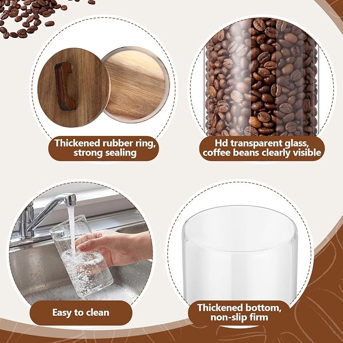 Suclain 3 Pcs 42 oz Glass Coffee Grounds Container with Shelf Glass Coffee Bean Storage Canisters with Airtight Lid and Measuring Spoon Food Storage Jars for Kitchen Sugar (Vintage Style)