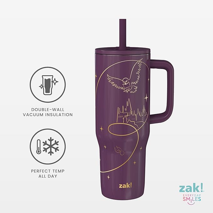 Zak Designs Harry Potter Sutton Travel Tumbler for On the Go, 30oz Stainless Steel with Vacuum Insulation, Silicone Straw, and Carry Handle for Cold Drinks (Hogwarts)