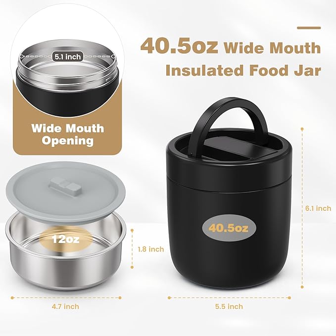 Thermo for Hot Food Adults, 40.5oz Wide Mouth Soup Thermo Lunch Containers with Spoon, Stainless Steel Vacuum Insulated Bento Lunch Box,Lunch Containers with Handle(Black)