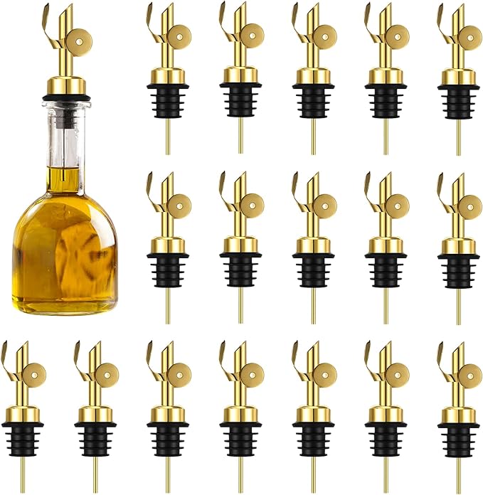 Blulu 24pc Olive Oil Spout Stainless Steel Weighted Bulk Self-Closing Bottle Pourers for Wine Syrup Home Bar Accessories (Gold)