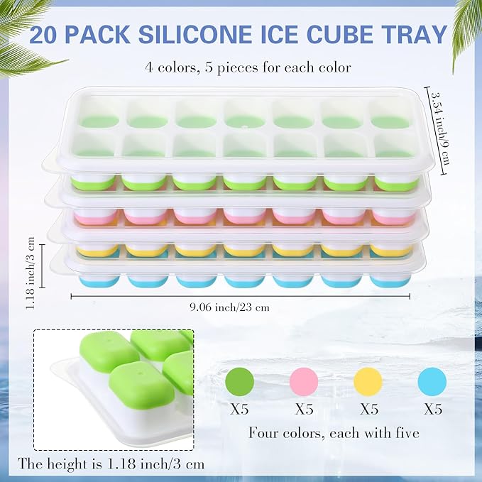 20 Pack 280 Pcs Ice Cube Trays for Freezer Silicone Ice Trays with Spill Resistant Removable Lid Easy Release Flexible Stackable 14 Iced Cube Maker Mold for Cocktail Coffee, Yellow Pink Blue Green