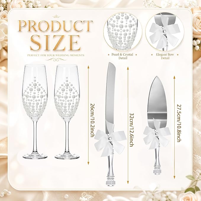 Boao Pearl Wedding Champagne Flutes and Cake Knife Server Set of 4, Champagne Flutes Toasting Glasses with Pearls for Bride and Groom Engagement Anniversary Bridal Shower Gifts (Grace,White)