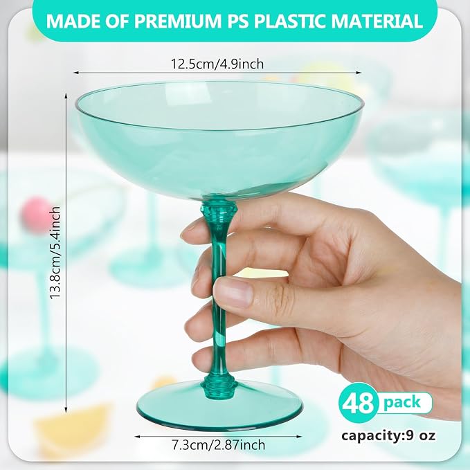 LemonRoad 48 Pcs Plastic Coupe Glasses 9 oz Disposable Martini Glasses for Cocktails, Champagne, Desserts and Espresso, Drinkware Set for Weddings, Birthday Parties, Home Bars (Light Green)