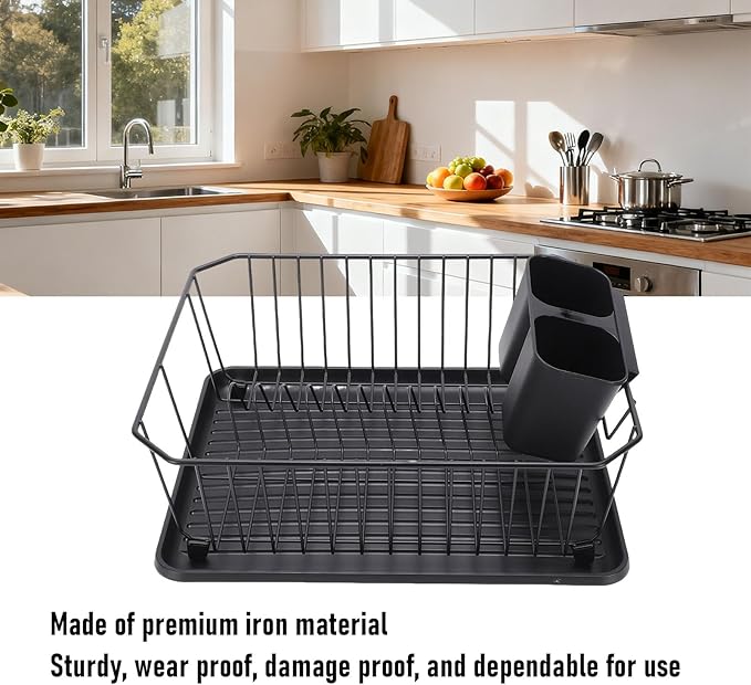 Asixxsix Dish Drying Rack, Stainless Steel Dish Drainer with Utensil Holder and Drainboard, Sink Organization and, 14" x 12" x 5" for Home and Apartment Decor (Black)