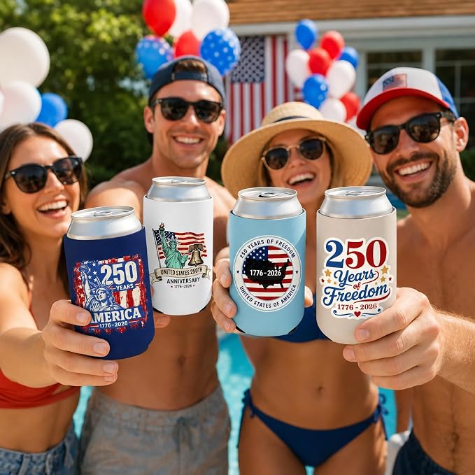 300 Pcs Custom 4th of July American Can Cooler Sleeves, 250th Anniversary USA Patriotic Neoprene Drink Holder for Memorial Day Independence Day Party Favors Decorations Gifts