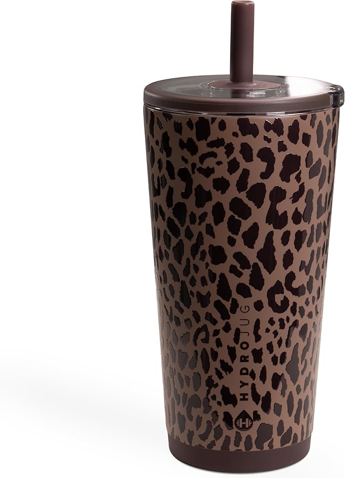 HydroJug Everyday Tumbler 20 oz, Ceramic-Lined Straw Cup, Brown Leopard