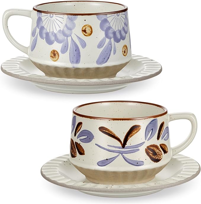 LemonRoad Vintage Tea Cup and Saucer Set of 2, 10oz Porcelain Coffee Mugs with Saucer for Latte Mocha Cappuccino Ceramic Teacups for Housewarming Wedding Gifts Kitchen Table Decor