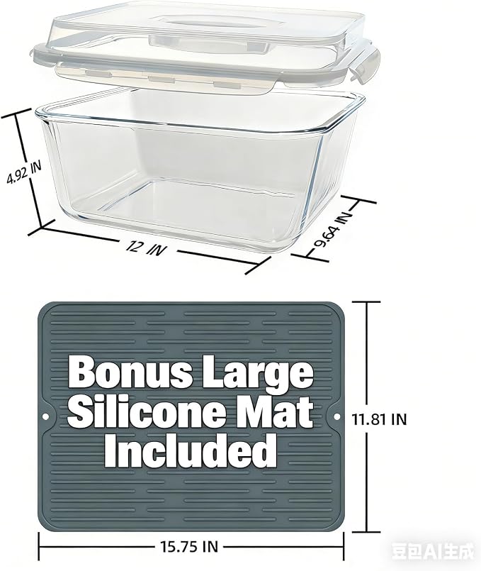 Extra Large Glass Storage Containers with Lids 220oz/6500ml/28cup | Silicone Mat Included | Borosilicate Glass | Airtight | Freezer Oven Dishwasher Safe | Rotisserie Chicken | XL Big Food Bowl