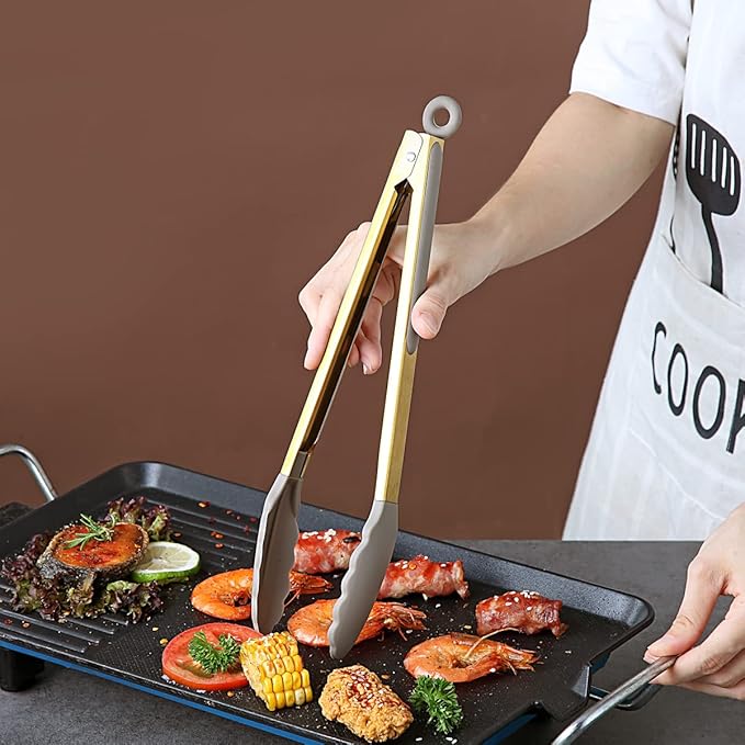 Gold Cooking Tongs, Berglander Heavy Duty Food Tongs For Cooking With Silicone Tips And Titanium Gold Plating Handle, Kitchen Tongs, Grill Tongs, Dishwasher Safe, Easy to Clean