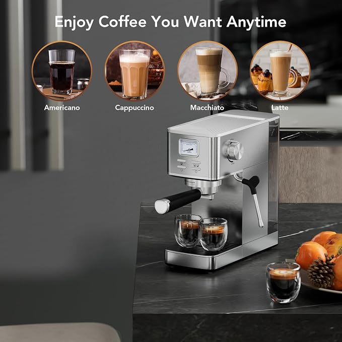 COWSAR Espresso Machine 20 Bar, Compact Commercial Espresso Maker with Milk Frother, Visual Pressure Gauge, Coffee Machine with 47oz Removable Water Tank and Capsule Funnel, for Cappuccino, Latte