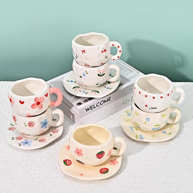 Koythin Ceramic Coffee Mug with Saucer Set, Cute Creative Red Rose Cup Unique Irregular Design for Office and Home, 10 oz/300 ml for Latte Tea Milk