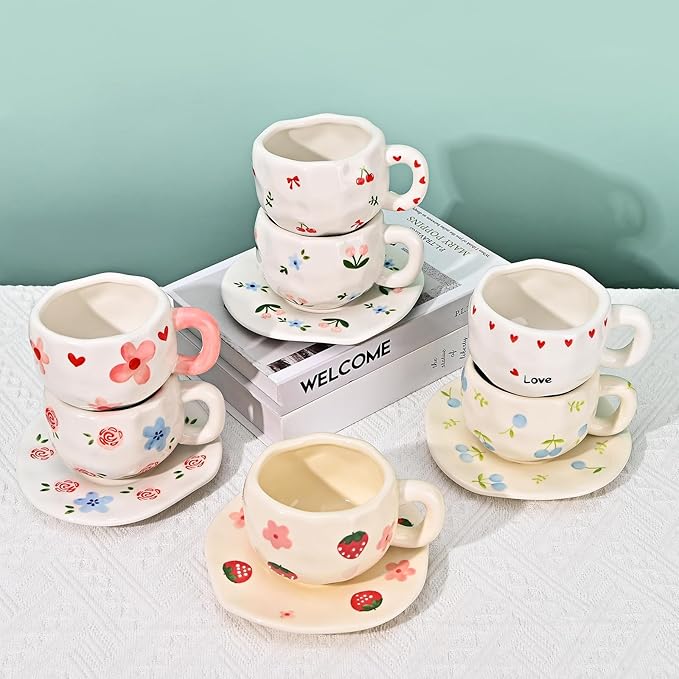 Koythin Ceramic Coffee Mug with Saucer Set, Cute Creative Pink and Blue Floral Cup Unique Irregular Design for Office and Home, 10 oz/300 ml for Latte Tea Milk
