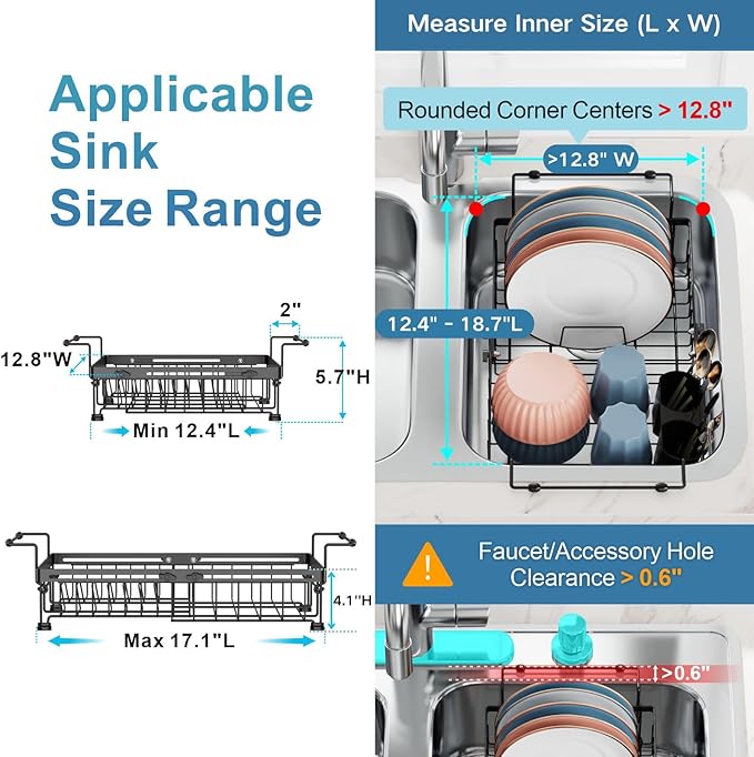 iSPECLE Expandable Dish Drying Rack with Silicone Mat for Kitchen Sink or Counter, Heavy Duty Adjustable Over Sink Dish Drainer with Square Corners, Fit for Modern Single & Double Sinks, Black