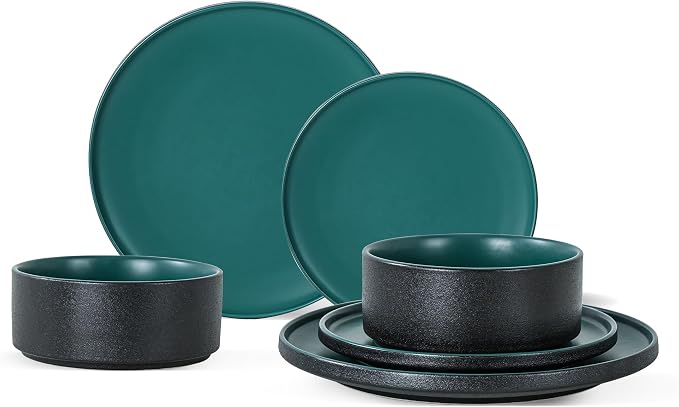 6 Piece Ceramic Plates and Bowls Sets for 2, Modern Green | Stoneware Dinnerware Set, Dishwasher & Microwave Safe, Handcrafted, Perfect for Family and Gatherings