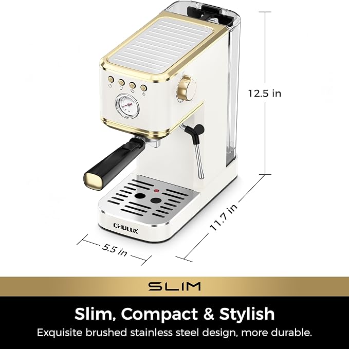 CHULUX Slim Espresso Machine with Milk Frother, 20 Bar Professional Italian Pump Espresso Coffee Machine for Home Cappuccino & Latte Maker, Stainless Steel, White and Gold
