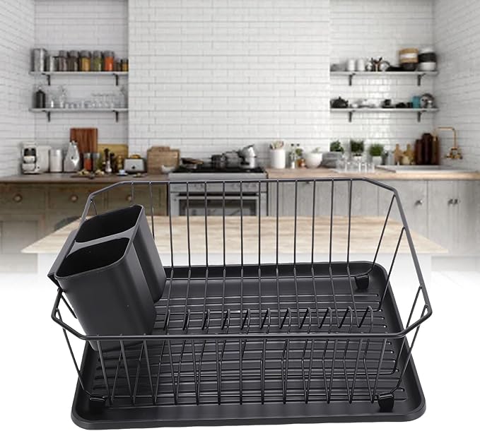 Haofy Dish Drying Rack, Iron Dish Drainer Rack with Utensil Holder for Kitchen Counter Sink, Spoons and Forks Storage (Black)